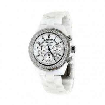 Pre Owned Chanel J12 Diamond White Ceramic Chronograph Mens Watch 