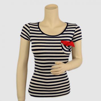Emporio Armani Navy Blue and White Striped T-shirt with Bow Size S