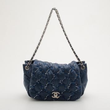 Chanel Blue Leather Bubble Quilted Bowler Bag