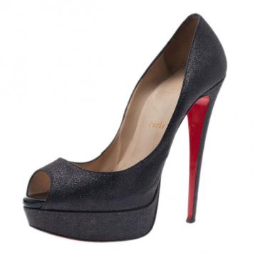 Christian Louboutin Black Glitter Lady Peep Platform Pumps Size 41