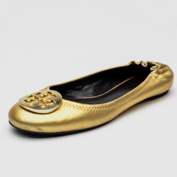 Tory Burch Gold Leather Reva Pebbled Ballet Flats Size 38