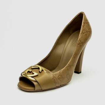 Gucci GG Logo Stamped Guccissima Caramel Leather Open Toe Pumps Size 38.5