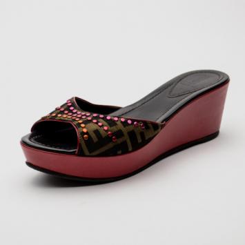Fendi Zucca Canvas Studded Wedges Slides Size 41