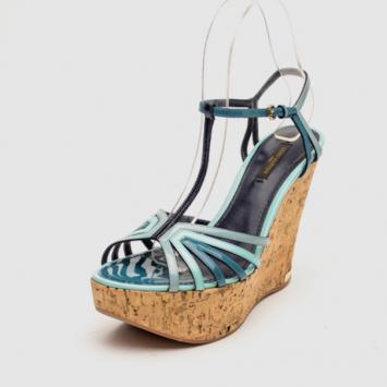 Pre Owned Louis Vuitton Blue Patent Leather Summertime Cork Wedges Size 38