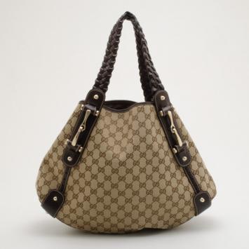 Gucci Monogram Large Pelham Tote with Brown Leather Trim