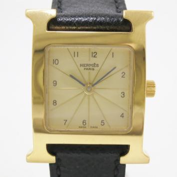 Hermes H Watch GP Leather Gold & Black Ladies Wristwatch