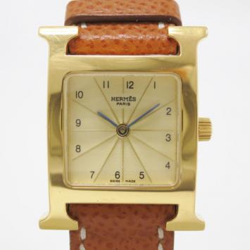 Hermes H Watch GP Leather Gold Brown Ladies Wristwatch