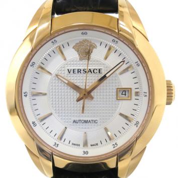 Pre Owned Versace Charcter GP Leather Black Mens Wristwatch