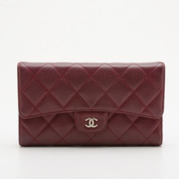 Chanel Red Quilted Caviar Leather Trifold Wallet 