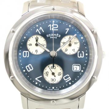 Pre Owned Hermes Clipper Chronograph SS Blue Mens Wristwatch