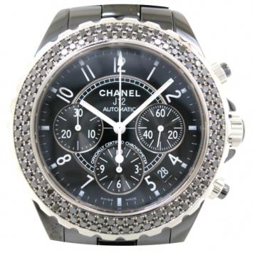 Pre Owned Chanel J12 Chronograph Diamond Ceramic Black Mens Wristwatch