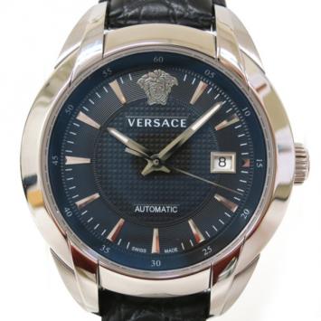 Pre Owned Versace Charcter SS Leather Black Mens Wristwatch