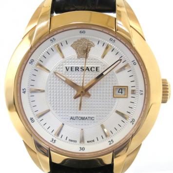 Pre Owned Versace Charcter GP Leather Black Mens Wristwatch