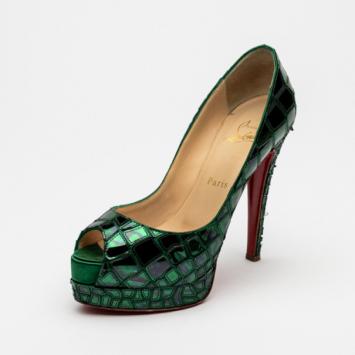 Christian Louboutin Green Patent Mosaic 'Sobek 140' Peep Toe Platform Pumps Size 36.5