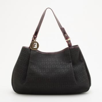 Pre Owned Fendi Black And Pink Zucchino Canvas Charm Detail Hobo