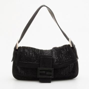 Fendi Black Beaded Suede Shoulder Bag
