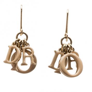 Dior Letters Charm Beige Enamel Gold Tone Earrings