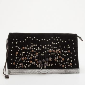 Jimmy Choo Black Suede Venus S Snakeskin Trimmed Beaded Clutch