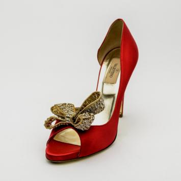 Valentino Open Toe Red Satin Crystal Bow D'orsay Pumps Size 37.5