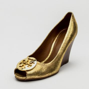 Tory Burch Gold Peep Toe 'Sally' Wedges Size 39