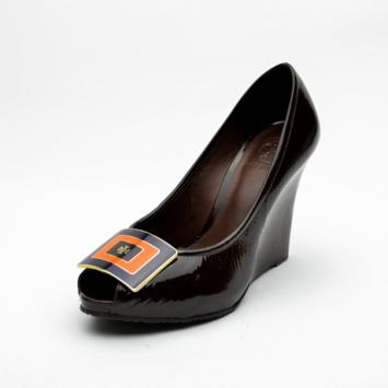 Tory Burch Orange & Blue Plate Patent Brown Wedges Size 39