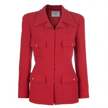 Pre Owned Chanel Red Four Pocket Jacket M