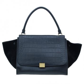Celine Black Leather Embossed Crocodile Large Trapeze