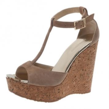 Jimmy Choo Beige Suede Pela Cork Wedge Sandals Size 37