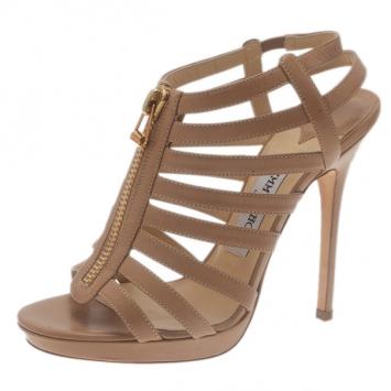 Jimmy Choo Beige Leather Zip Detail Glenys Strappy Sandals Size 37