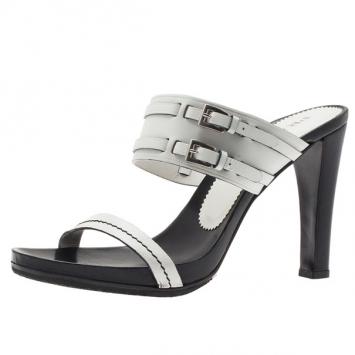 Prada White Leather Buckle Detail Slides Size 40