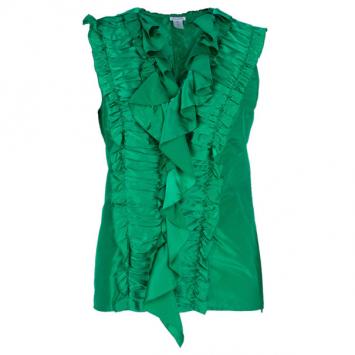 Oscar De La Renta Emerald Ruffle Satin Sleeveless Top L