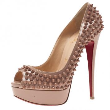 Christian Louboutin Blush Leather Lady Peep Spikes Platform Pumps Size 36