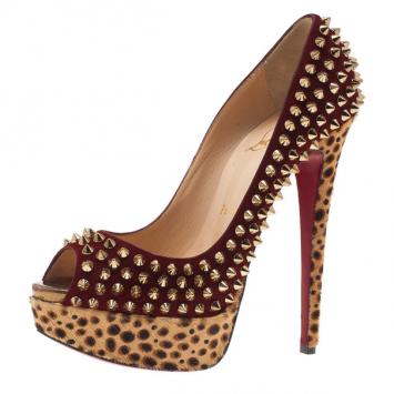 Christian Louboutin Maroon Suede Leopard Pony Hair Lady Peep Spikes Platform Pumps Size 36