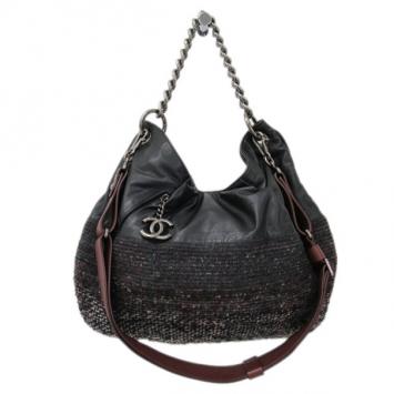 Chanel Black And Burgundy Leather and Tweed Tote