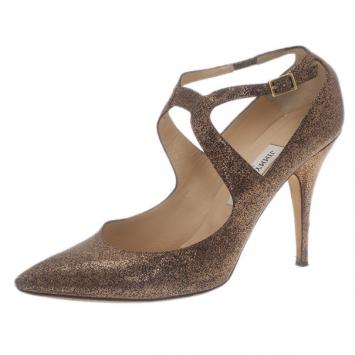 Jimmy Choo Bronze Metallic Leather Ankle Strap Pumps Size 40