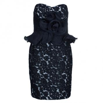 Notte By Marchesa Monochrome Sweetheart Lace Rosette Cocktail Dress M