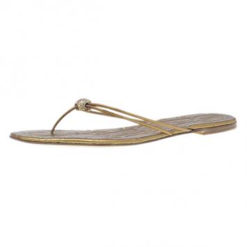 Carolina Herrera Gold Monogram Leather Thong Sandals Size 40