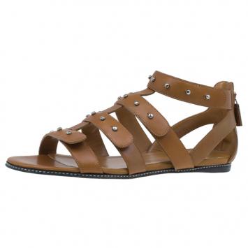 Gucci Brown Leather Studded Sigourney Gladiator Sandals Size 38