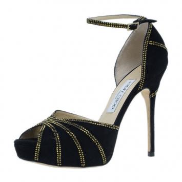 Jimmy Choo Black Suede Crystal Embellished Kalpa Ankle Strap Platform Sandals Size 38.5
