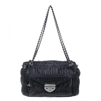 Prada Black Ruched Nappa Leather Chain Detail Shoulder Bag