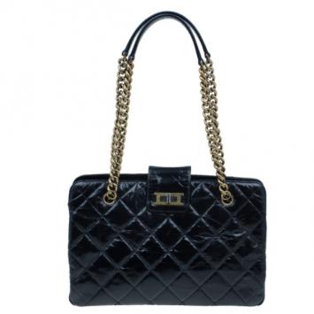 Chanel Black Glazed Cracked Calfskin Leather Tote