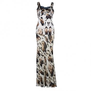 Roberto Cavalli Animal Print Silk Top and Skirt Set M