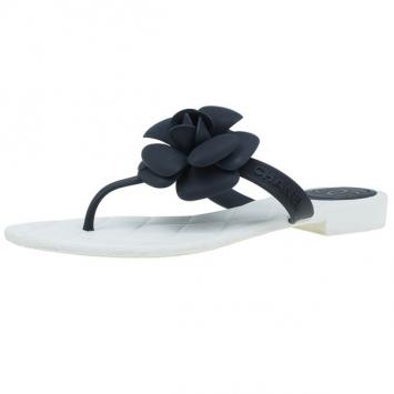 Chanel Black Camellia Thong Sandals Size 37