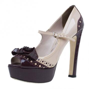 Miu Miu Two Tone Patent Bow Mary Jane Platform Pumps Size 38.5