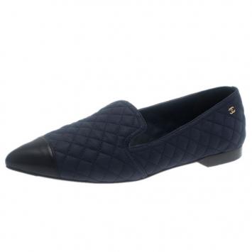 Chanel Blue Quilted Leather Smoking Slippers Size 37.5