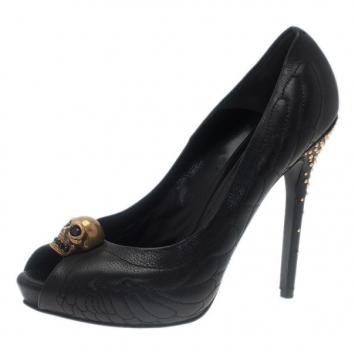 Alexander McQueen Black Studded Leather Skull Peep Toe Pumps Size 41