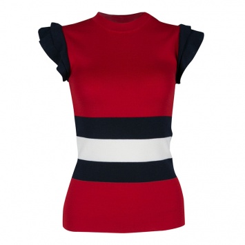 Pre Owned Gucci Red Stripe Detail Ruffled Sleeve Knit Top M