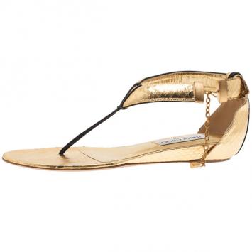 Jimmy Choo Gold Embossed Leather Thong Sandals Size 37