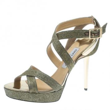 Jimmy Choo Silver Glitter Vamp Platform Sandals Size 40.5