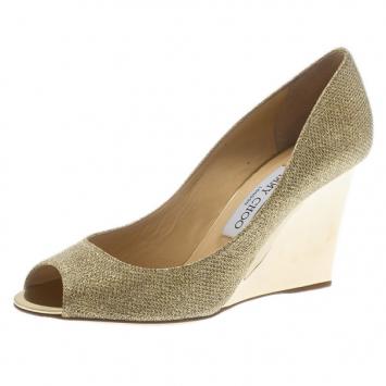 Jimmy Choo Gold Glitter Baxen Peep Toe Wedge Pumps Size 37